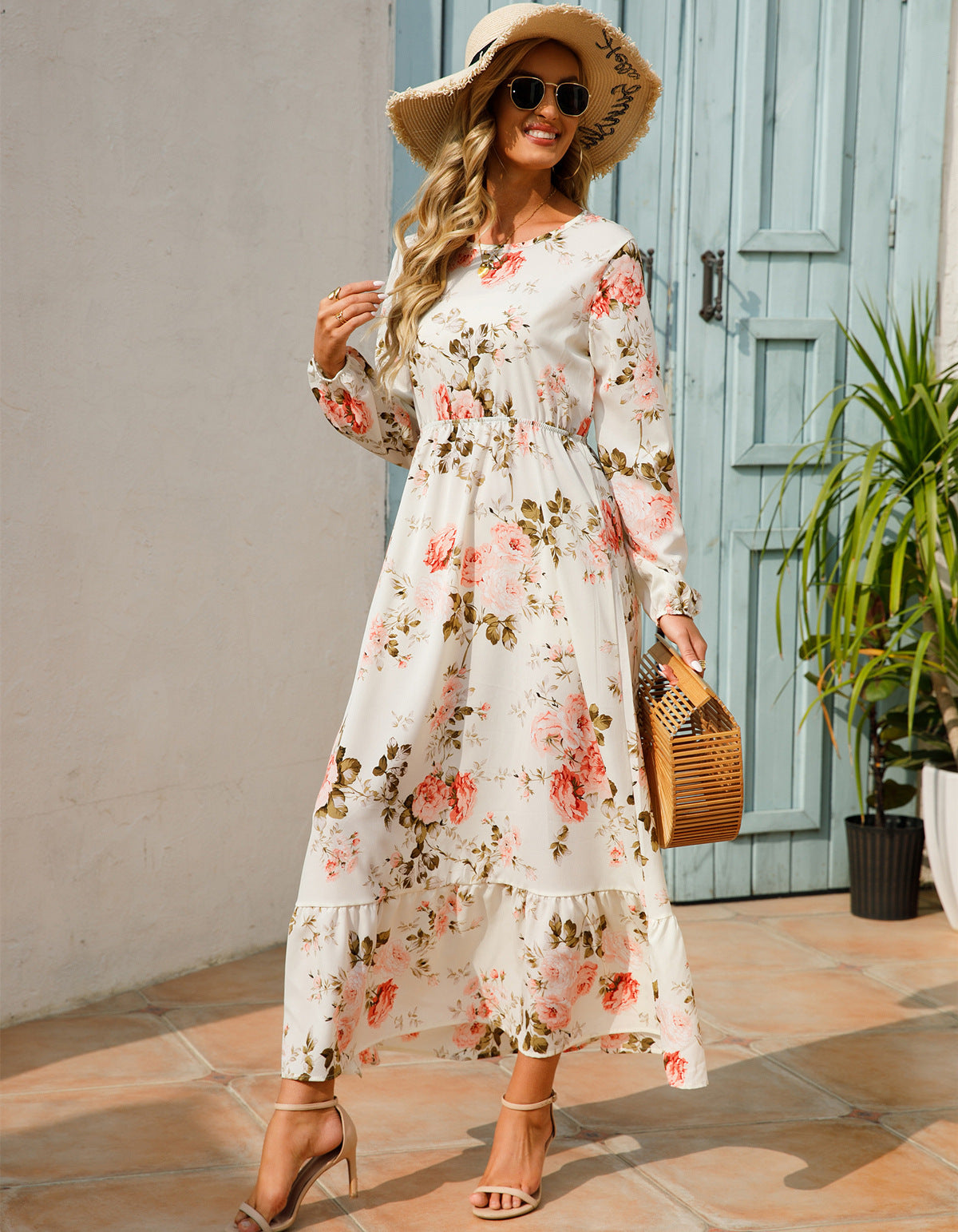 Robe florale à col rond gracieuse et à la mode pour femmes