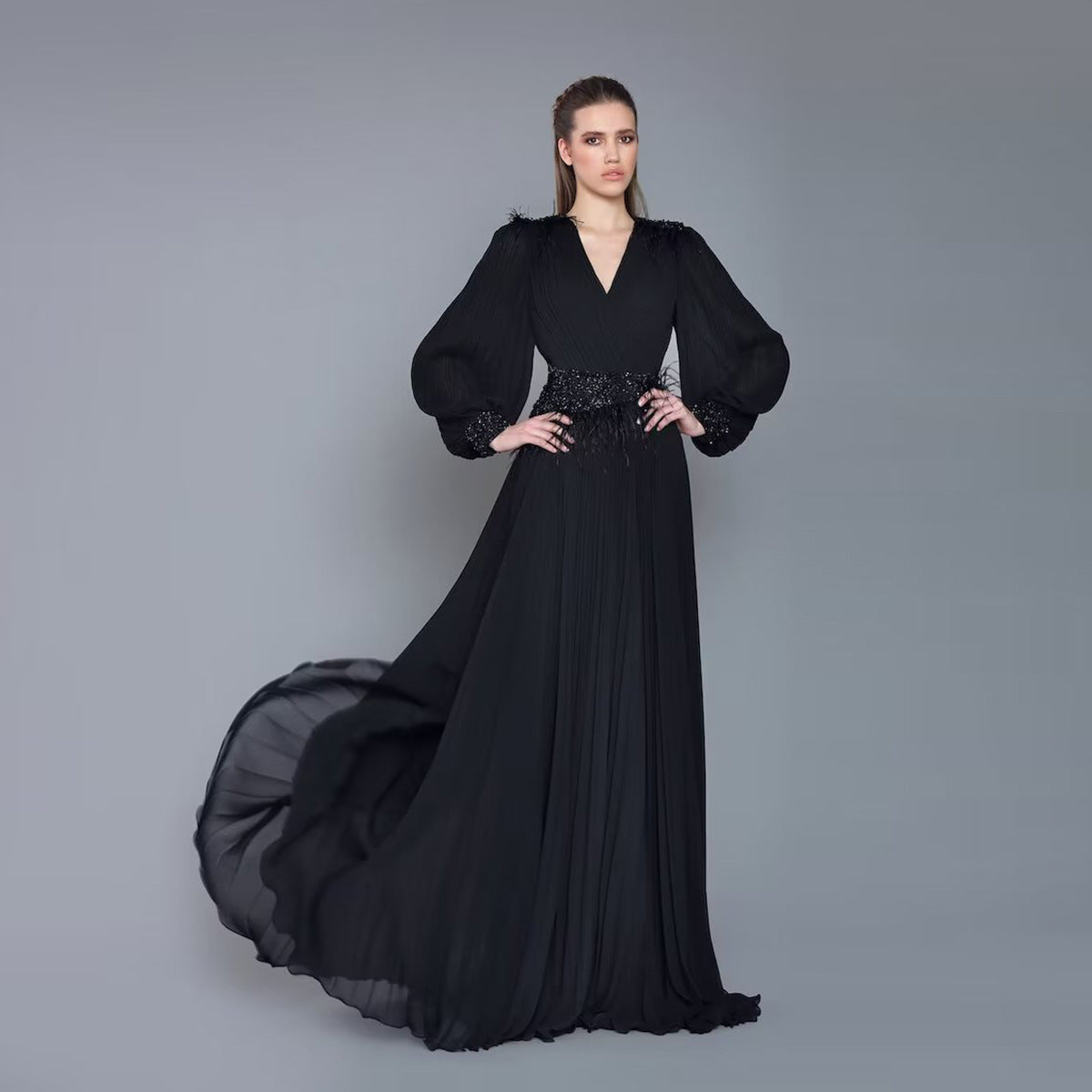 Robe trapèze plissée à paillettes, taille haute, manches longues, col en V