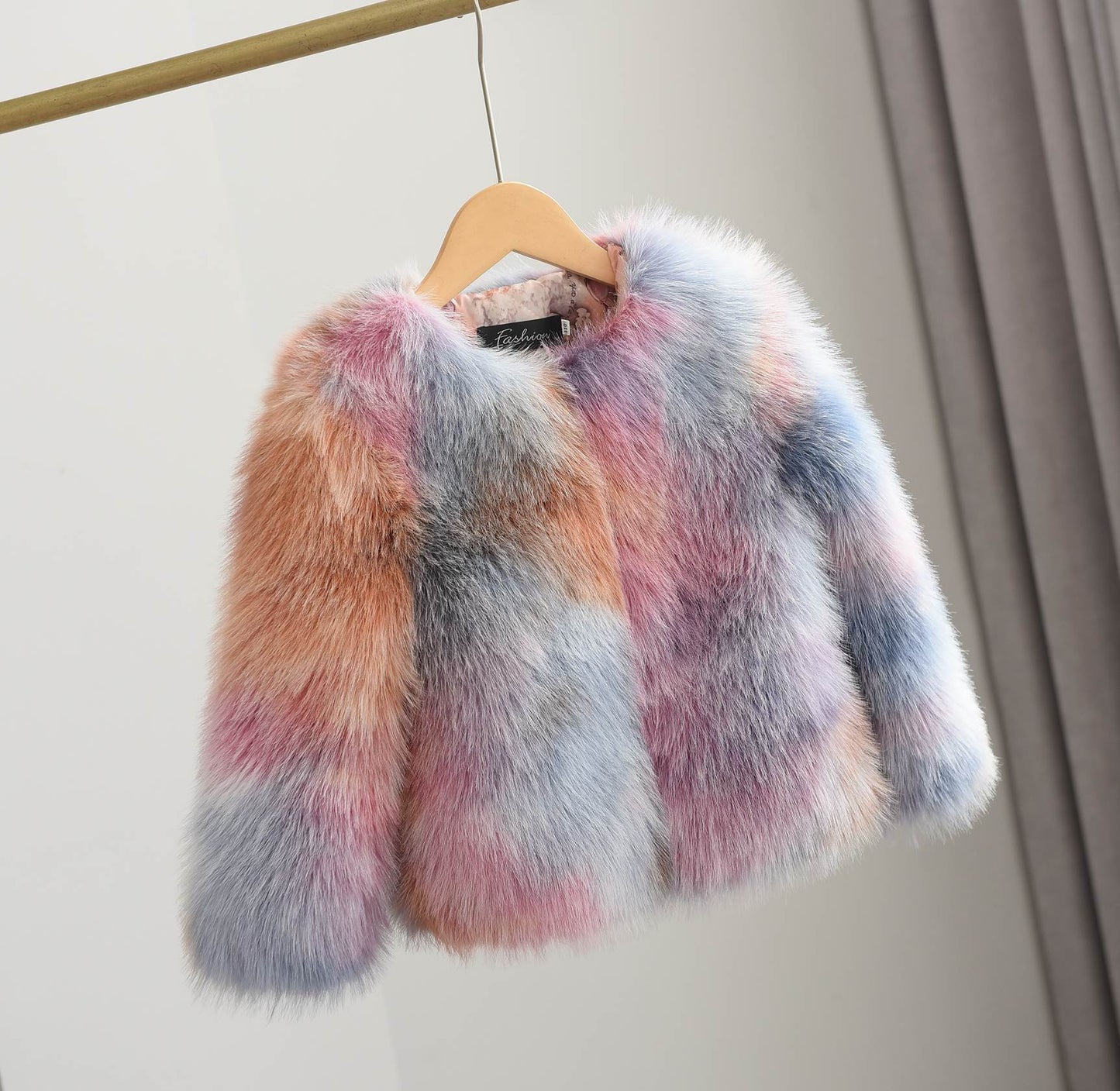 Girls' Woven Paint Contrast Fur Coat