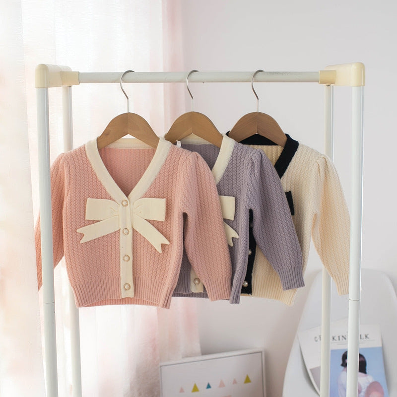 Cardigan pour filles, pull avec nœud, automne et hiver