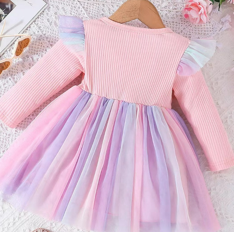 Bow Mesh A- Line Dress Two-color Children's Clothing