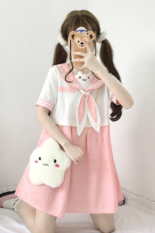 Fille douce japonaise Lolita oreilles de lapin mignon col bleu robe femme été doux fille étudiant poupée jupe