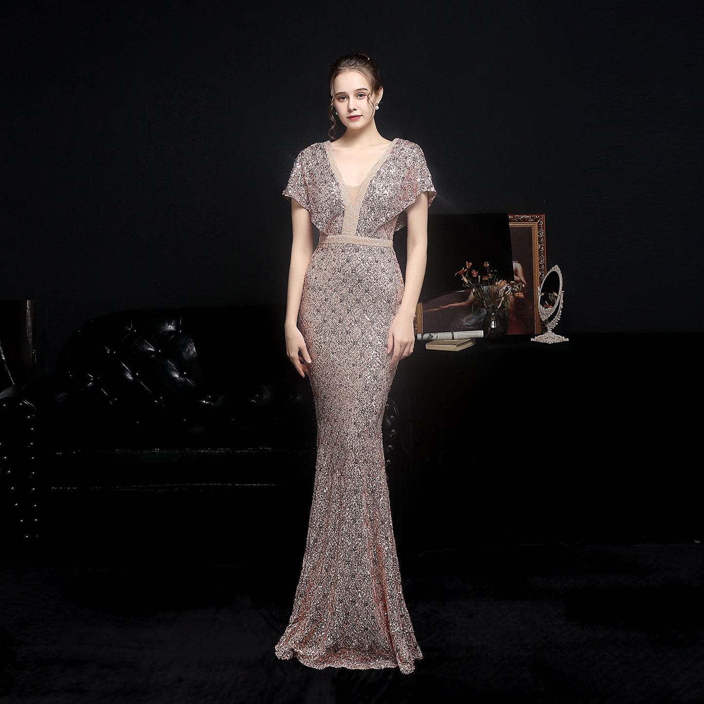 Women's Sequin Fishtail Banquet Elegant V-neck Dress