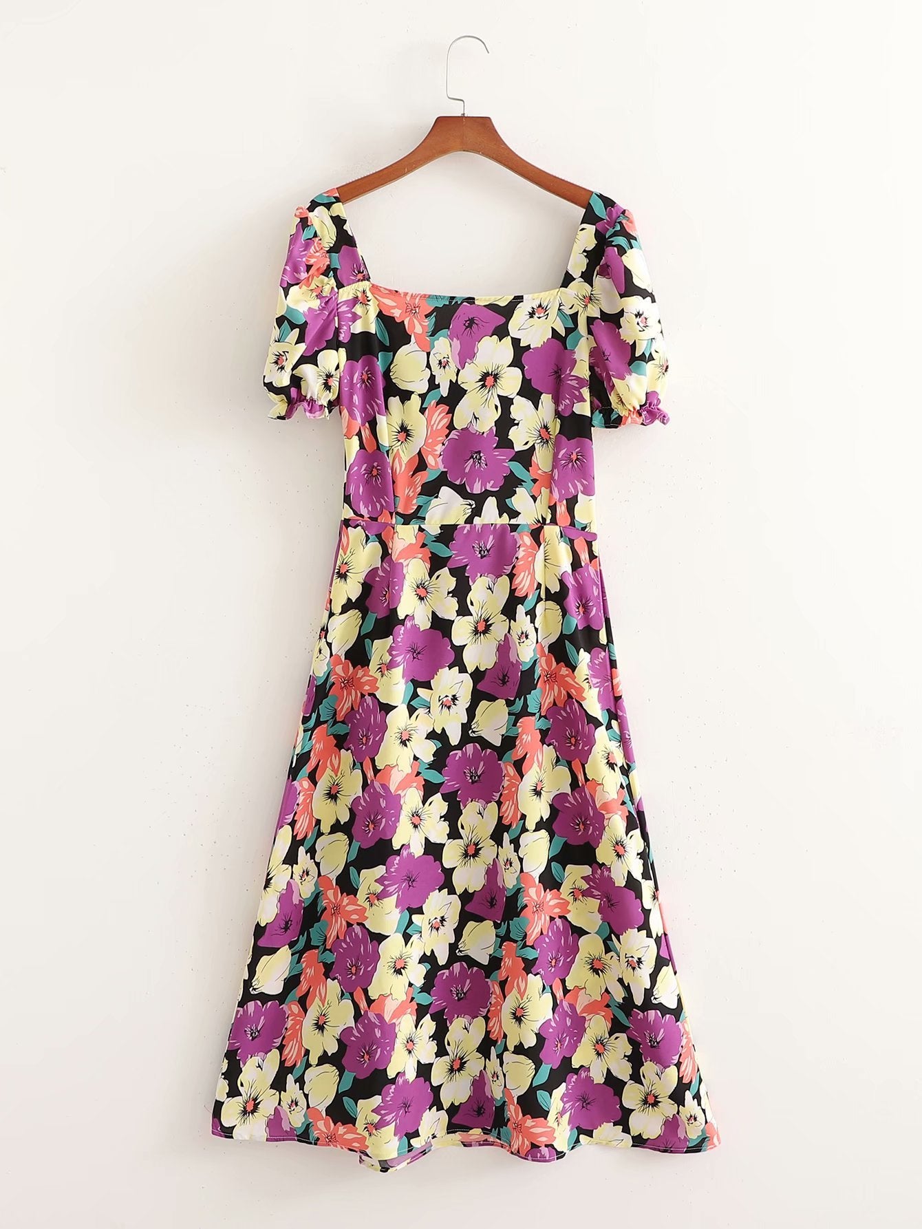 Robe florale à fleurs pour femme, manches bouffantes, taille haute, style Hepburn, été