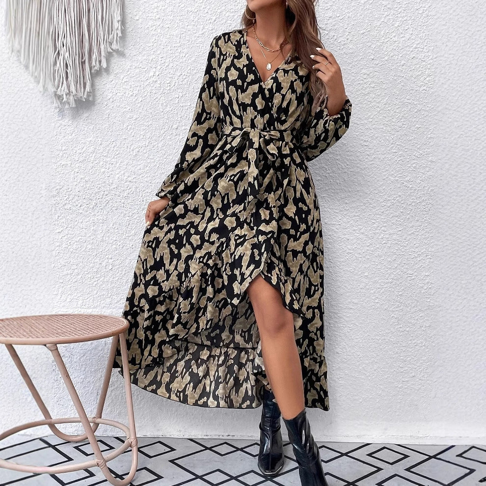 V-neck Leopard Print Lace-up Dress Women