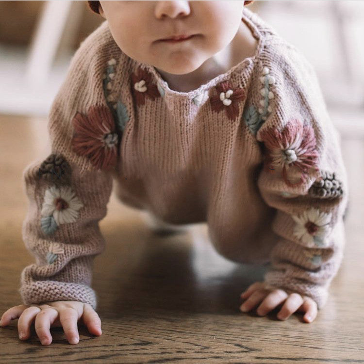 Pull fait main à fleurs pour filles, tricot en pur coton pour bébé