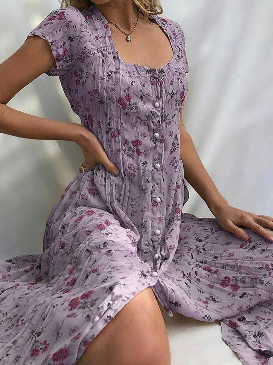 Single-breasted Floral Short-sleeved Dress