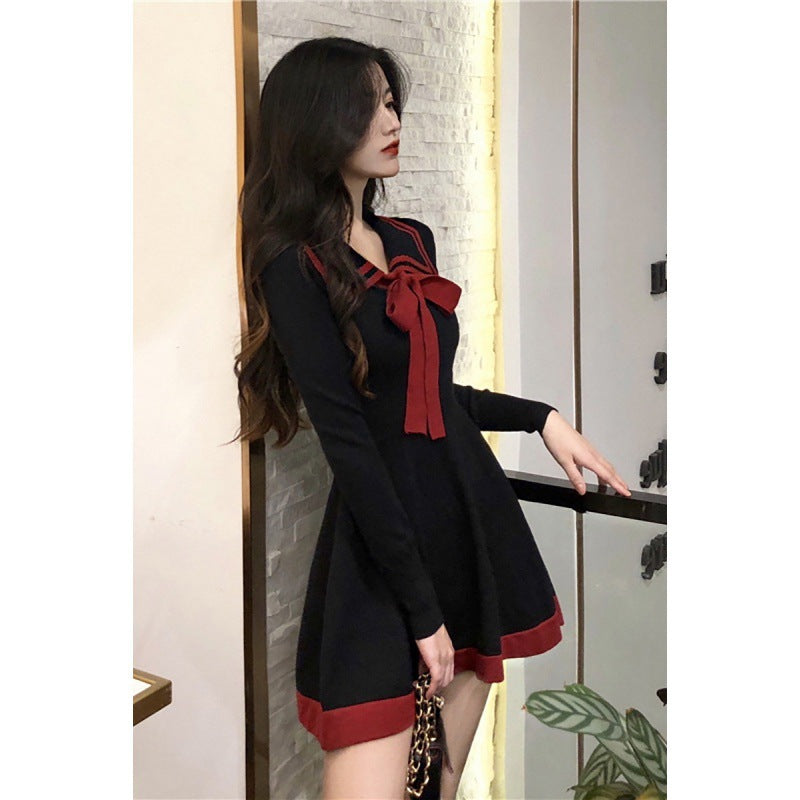 Cute Bow Dress Fashion Long Sleeve Lapel Knitted Dress Women's Classic Style Dress