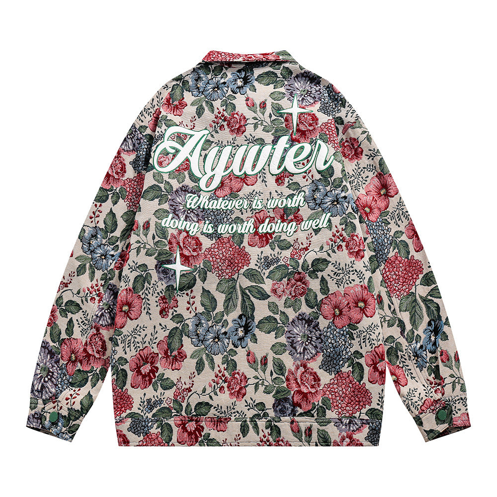 Abrigo holgado con chaqueta floral teñida en hilo con estampado completo retro americano