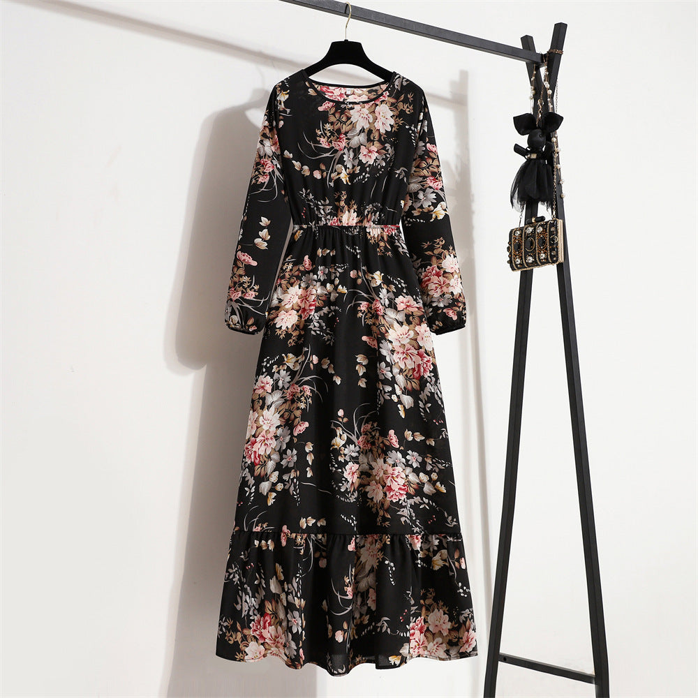 Women's Graceful And Fashionable Round Neck Floral Dress