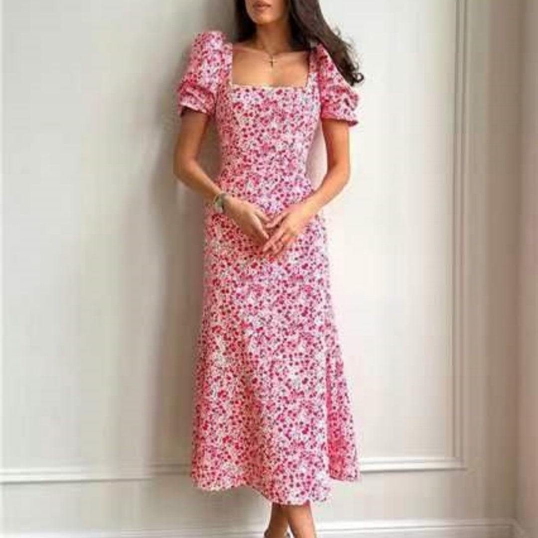 Vestido fresco de manga corta floral adelgazante con cintura para mujer