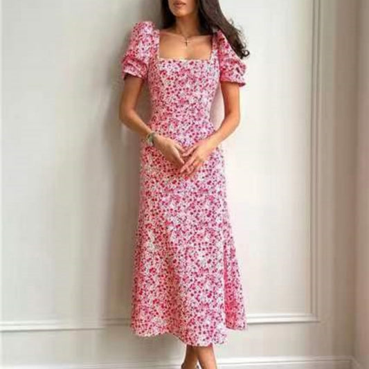 Robe fraîche à manches courtes et à fleurs pour femmes, amincissante à la taille