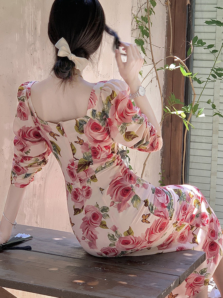 High-end Elegant Retro Rose Floral Dress Women's Clothing