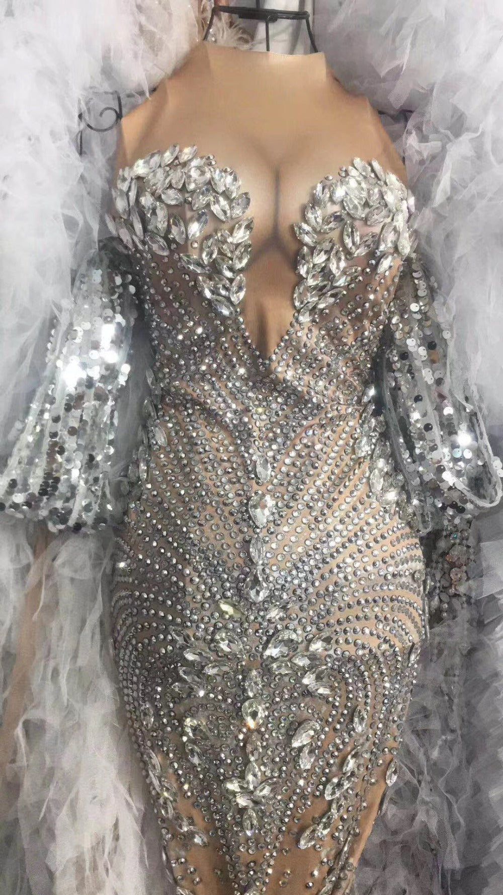 Robe longue à franges et diamants brillants, sans manches, pour discothèque et bar