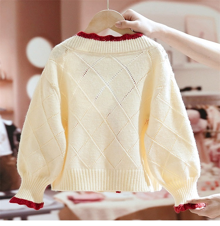 Girls Cute V-Neck Sweater Knit Cardigan