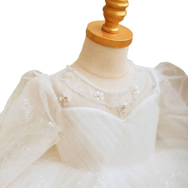 Long Sleeve Handmade Pearl Embroidery Children Princess Dress Gown