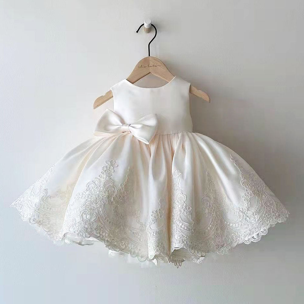 Robe de fille de couleur pure, robe de princesse à nœud long