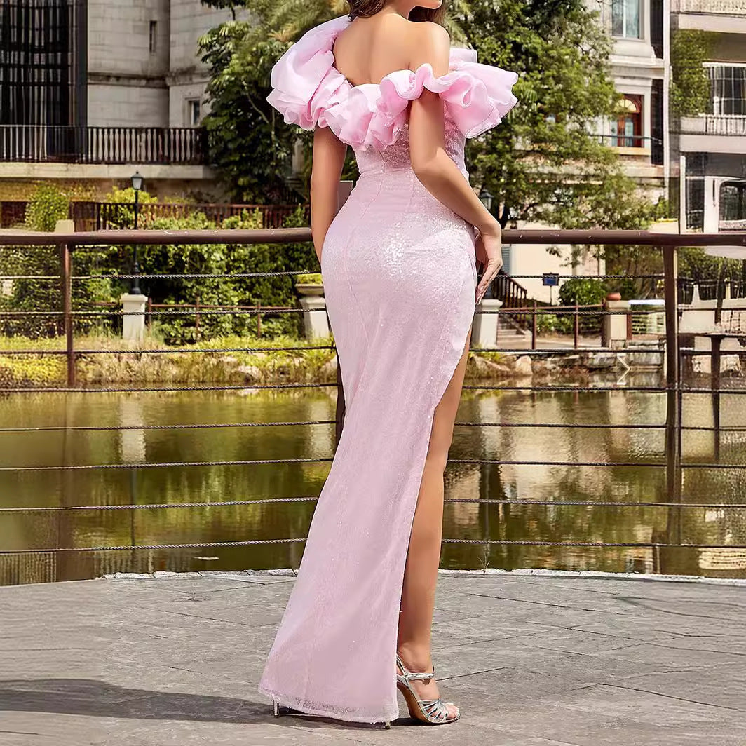 Vestido de lentejuelas de tipo largo sin tirantes, sin espalda, elegante, a la moda, para mujer