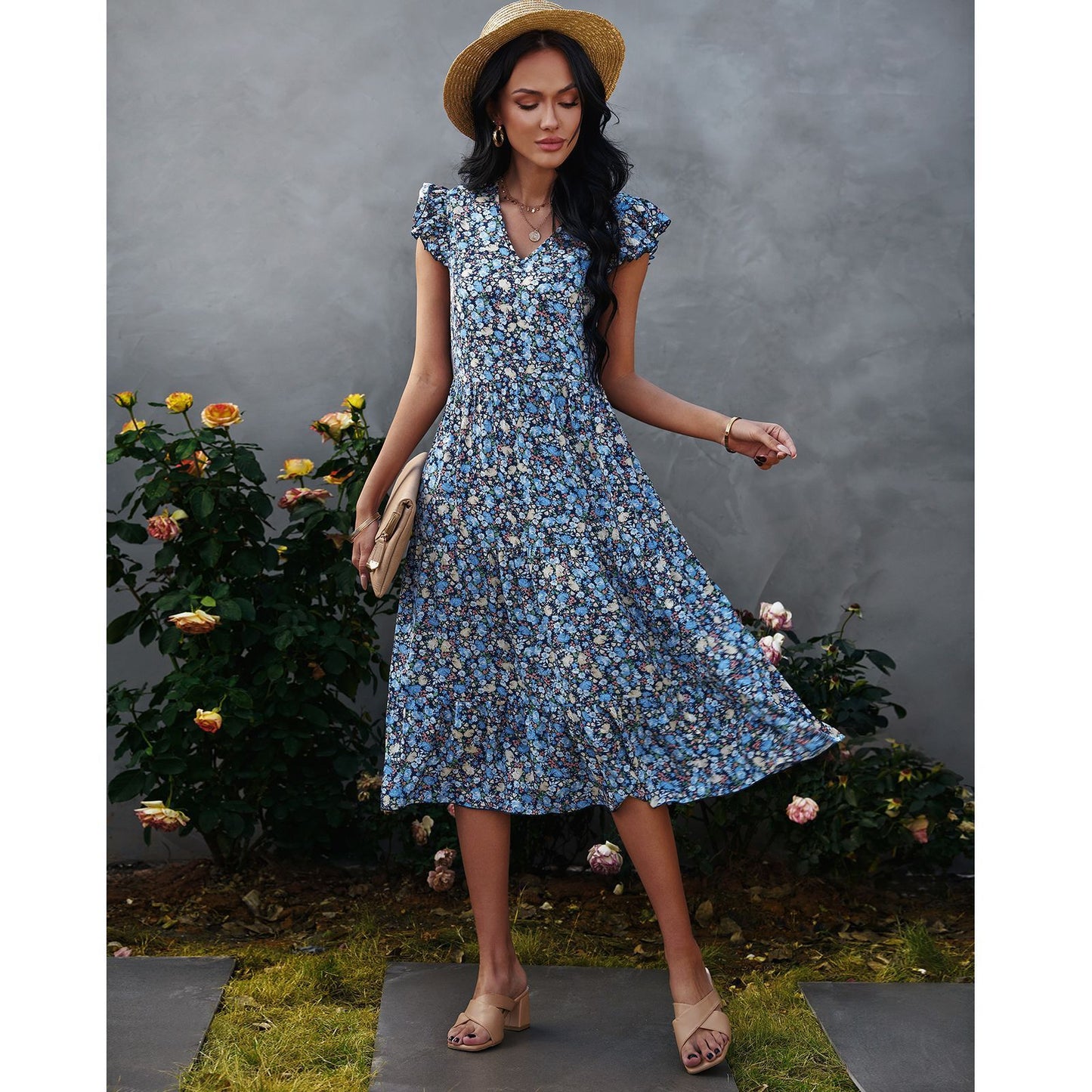 V-neck Fly-sleeve Floral Dress Long Dress