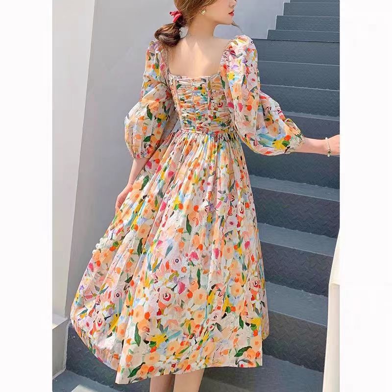 High-end Temperament Western Style Retro Chic Beautiful Candy Color Backless Floral Dress