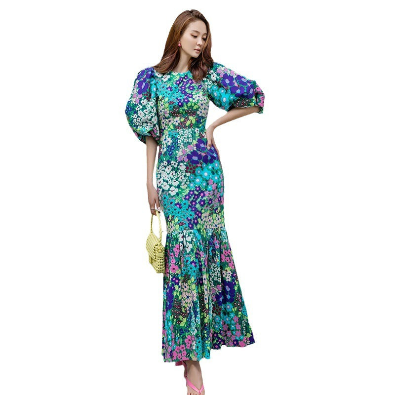 Women's Summer Bubble Sleeve French Floral Dress