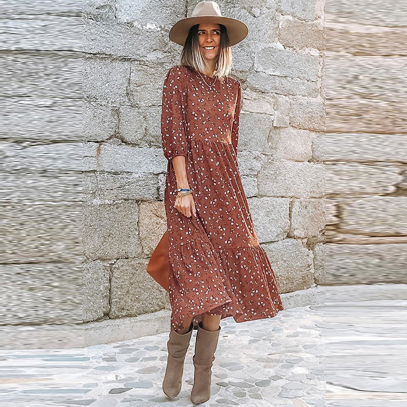 Robe mi-longue décontractée à fleurs pour femmes, nouvelle mode d'automne, ample, taille haute, amincissante