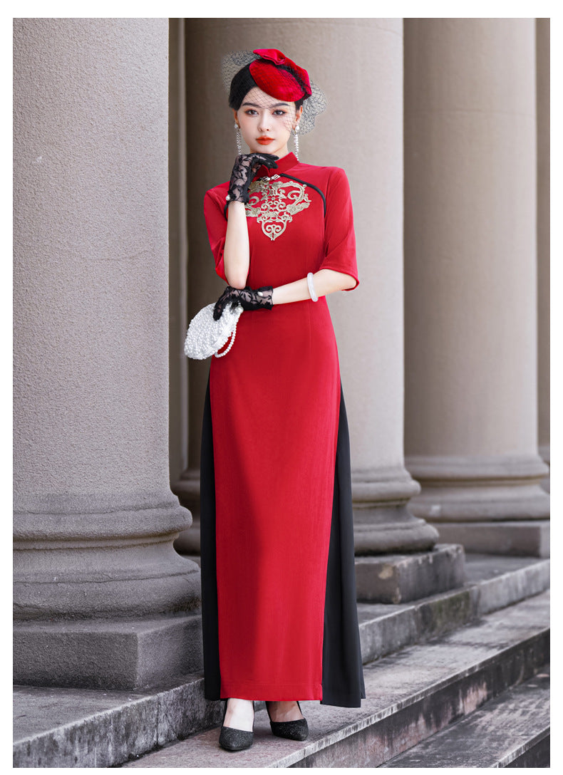 Gold Velvet Chinese Style No Slit Plus Size Cheongsam Women