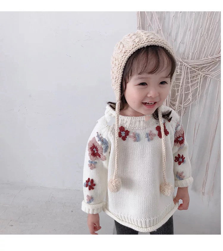 Pull fait main à fleurs pour filles, tricot en pur coton pour bébé