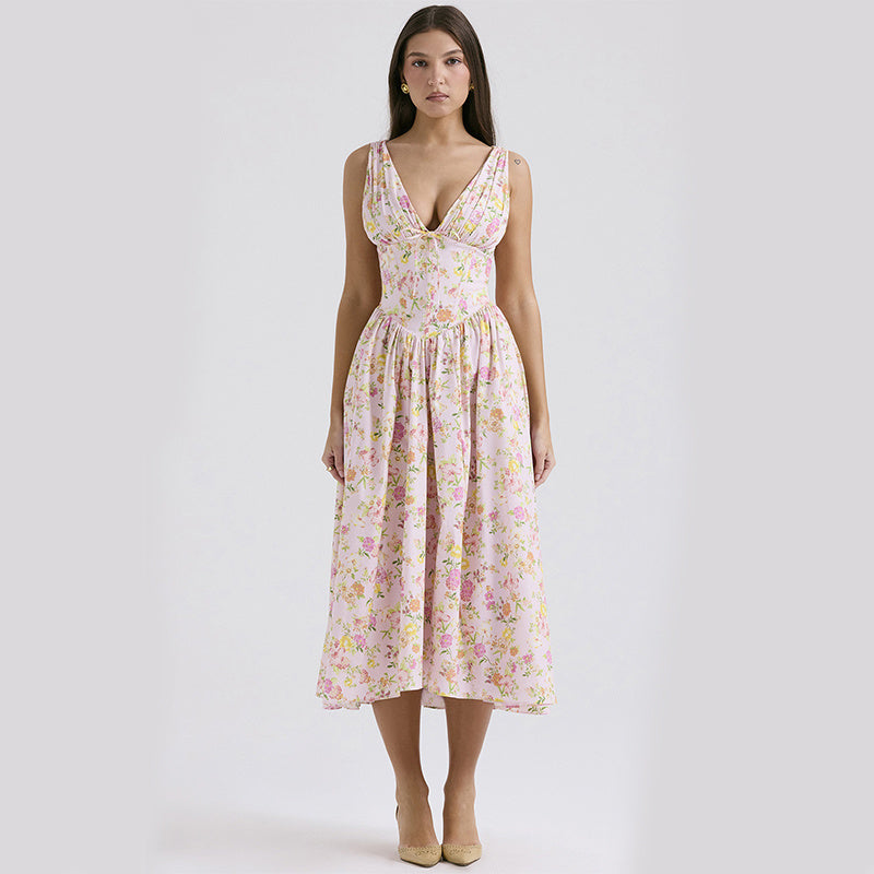 Robe trapèze plissée à col en v, imprimé Floral, taille serrée, avec poches, vêtements d'été pour femmes