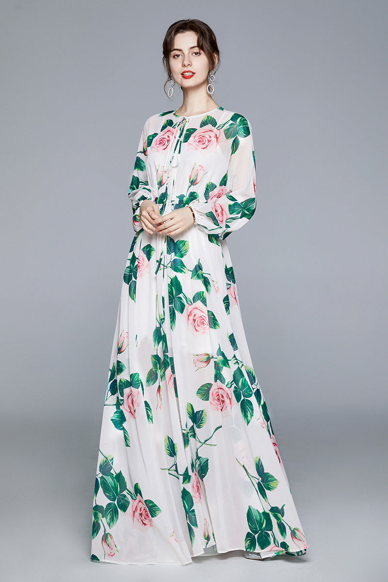 Robe trapèze à fleurs roses, robe élégante en mousseline imprimée