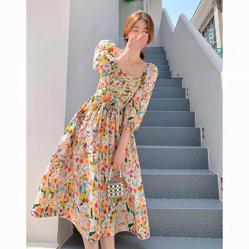 High-end Temperament Western Style Retro Chic Beautiful Candy Color Backless Floral Dress