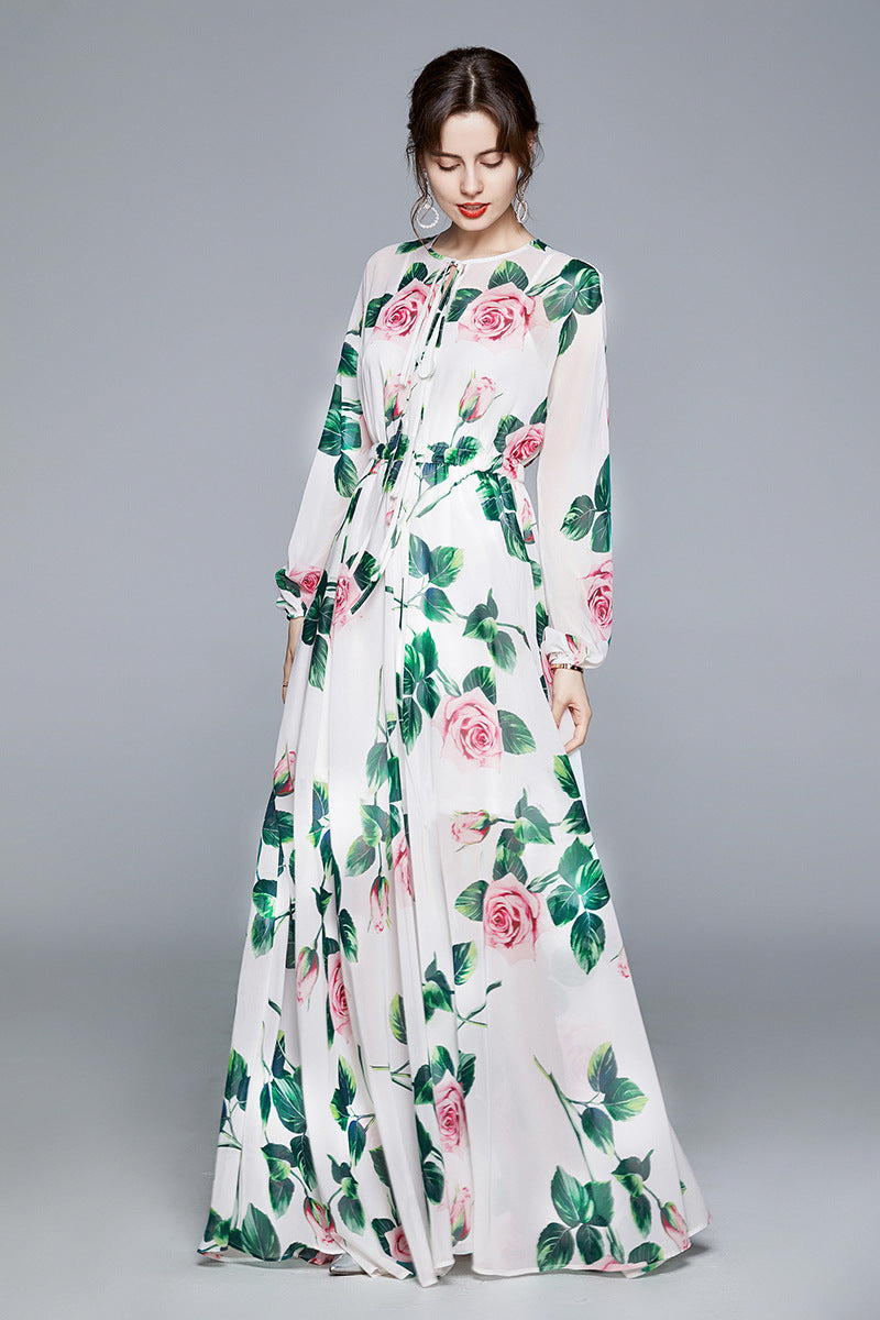 Robe trapèze à fleurs roses, robe élégante en mousseline imprimée