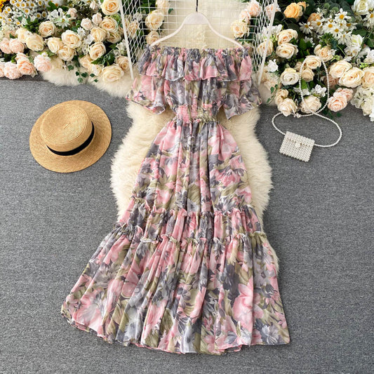 Chiffon Summer Skirt Floral Neckline Dress