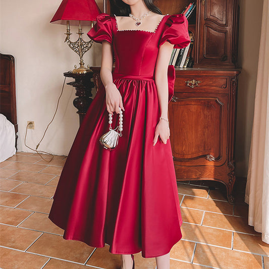 Winter Wine Red Engagement Daily French Princess On The Run Satin Dress