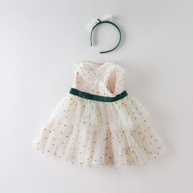 Jupe d'été en voile vert à pois pour bébé fille, petite jupe avec bandeau pour cheveux