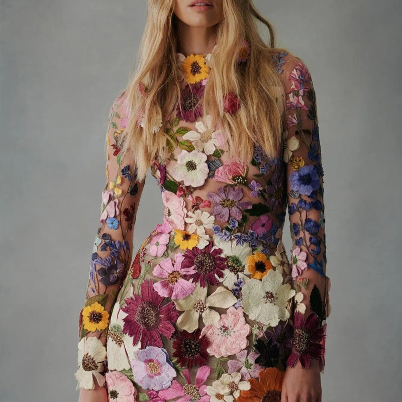 Vestido ajustado con encaje y malla de flores tridimensionales a la moda para mujer