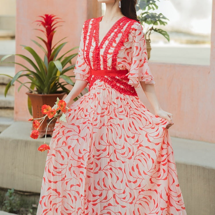 Vestido rojo de gasa floral de viento suave