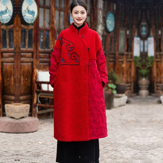 Chinese Style Embroidery Long Thickened Stitching Woman Cotton Dress Coat