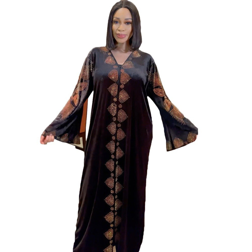 Robe africaine en velours doré pour femmes, mode, perçage chaud, col en v, manches évasées