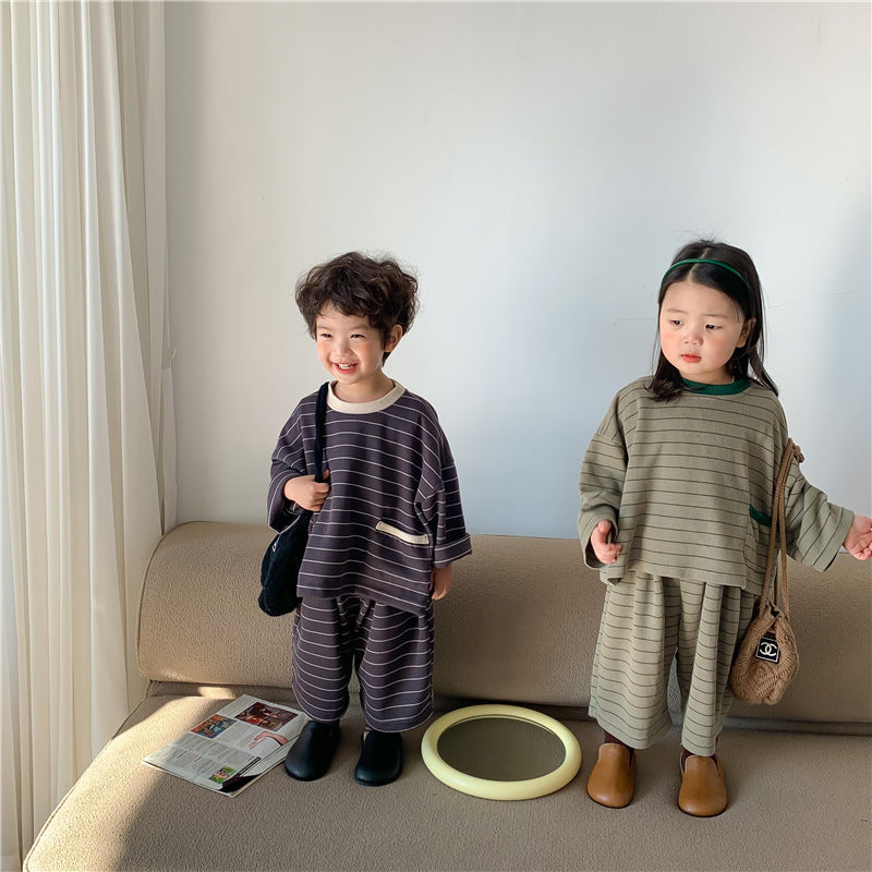 Children's Striped Casual Sweatshirt Two Piece Set