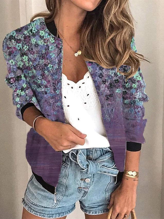 Chaqueta corta floral de manga larga con cremallera para mujer Ropa de talla grande