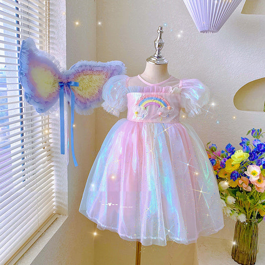 Robe d'anniversaire arc-en-ciel avec ailes pour enfants, jupe en gaze