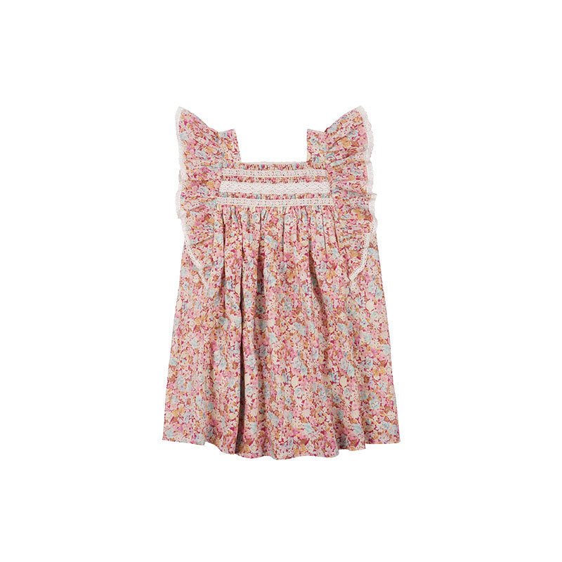 Robe d'été pour enfants, Style ethnique, vacances, motif Floral, revers, bord en dentelle