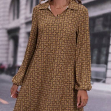 Long Sleeve Printed Polo Collar Dress Floral Dress