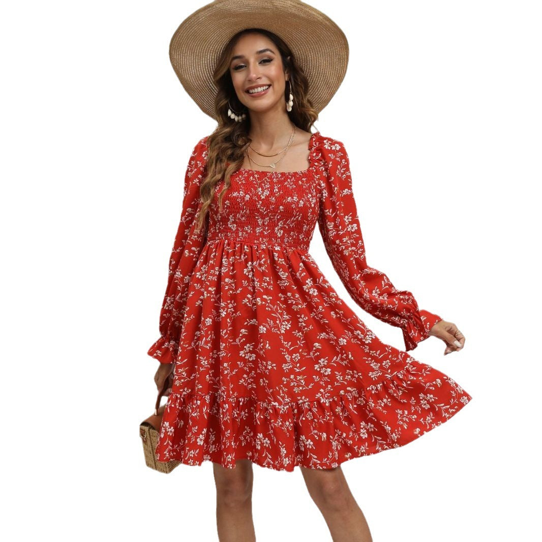 Robe mi-longue florale à manches longues pour le printemps et l'été