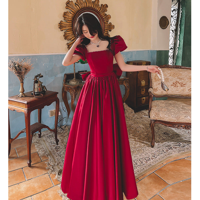 Robe en satin rouge vin d'hiver, fiançailles quotidiennes, princesse française en fuite