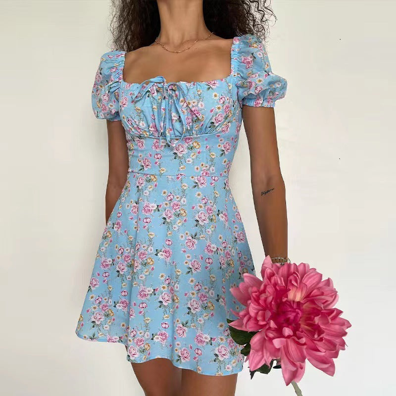 Vintage Floral Puff Sleeve French Dress