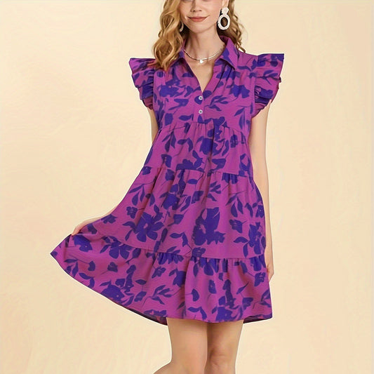 Robe à fleurs magenta à volants et col en V pour femmes