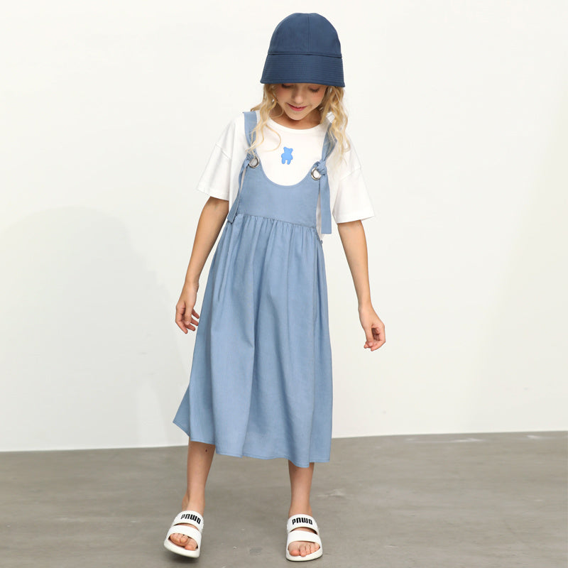 Medium And Large Children's Loose T-shirt Short-sleeved Suspender Skirt Two-piece Set