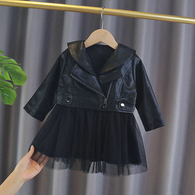 Children's Fashion Dress Top Jacket Panel Leather Jacket